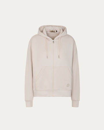 Felpa beige con cappuccio, zip e tasche a marsupio