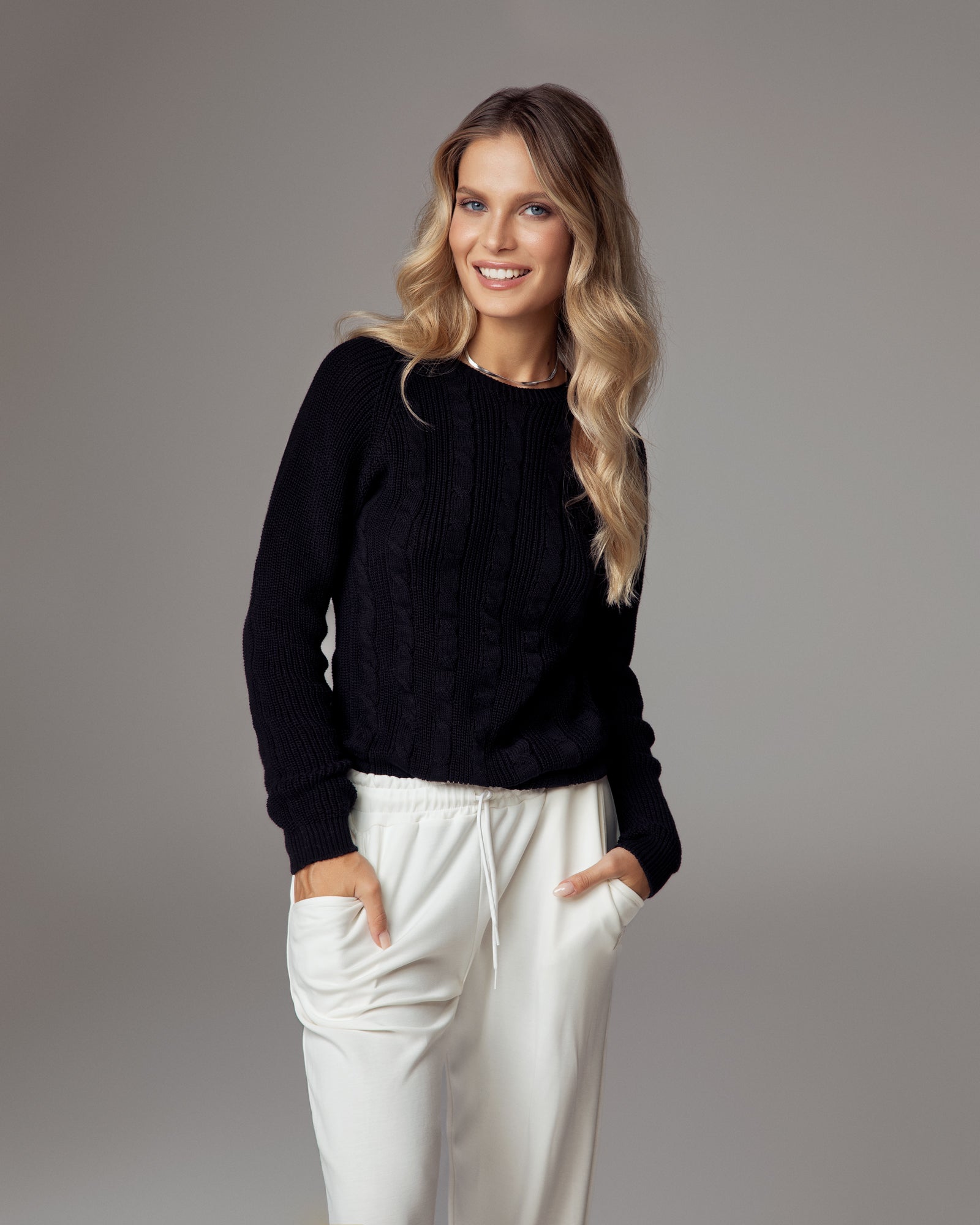 Black Organic Cotton Cable Knit Crewneck Sweater