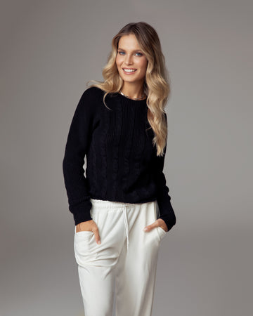 Black Organic Cotton Cable Knit Crewneck Sweater